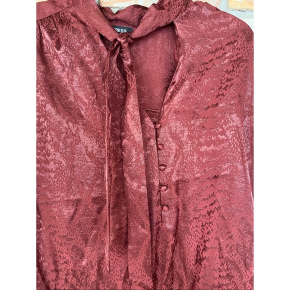 Express Women’s Brown Jacquard Tie Neck Long Sleeve Top Size Medium - Picture 6 of 7